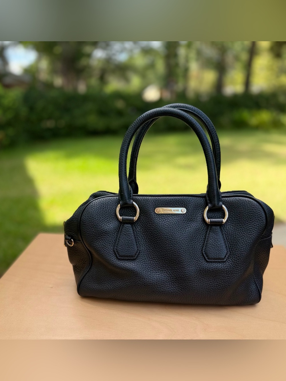 Michael Kors Black Pebbled Leather Crossbody Satchel Gold Tone Zip Top Handles